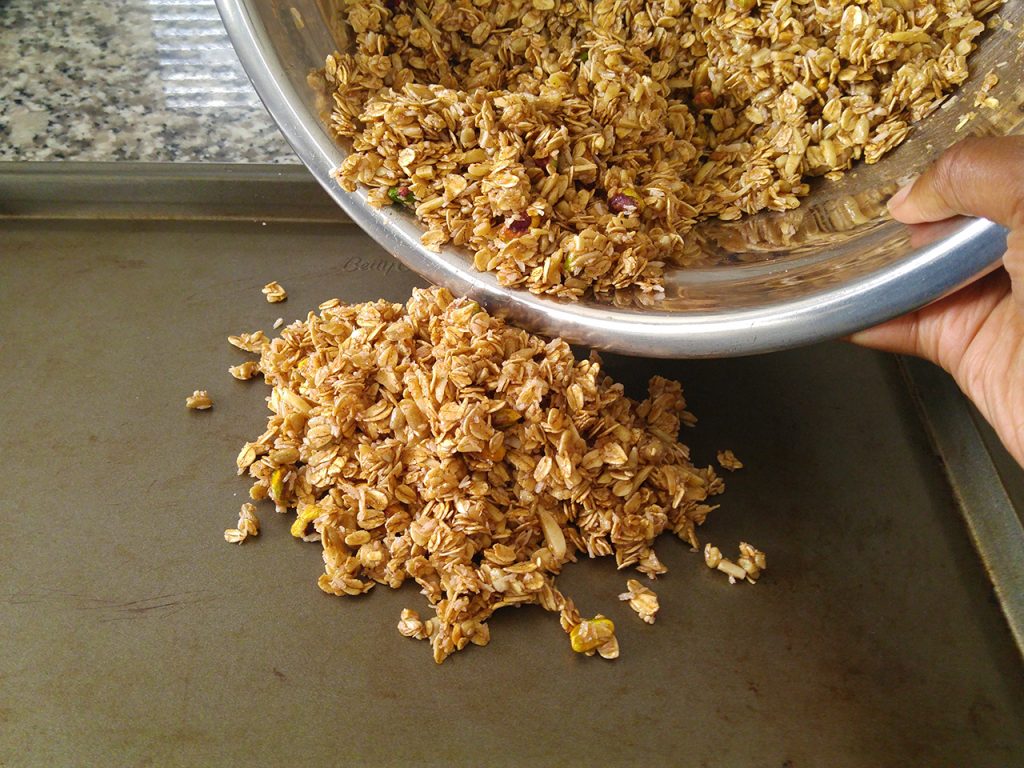 Homemade Granola Recipe Step Four: Spread Granola Mixture onto Baking Sheet